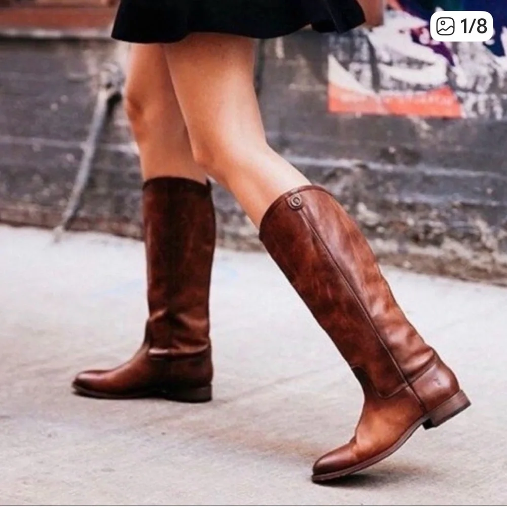 Frye Cognac Leather Melissa Button 2 Distressed Tall Riding Boots size 10 - Picture 1 of 10